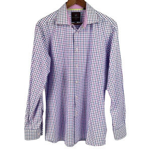 Tattersall London Mens Button Front Blue Pink Check Shirt Size 16-34/35 Cotton